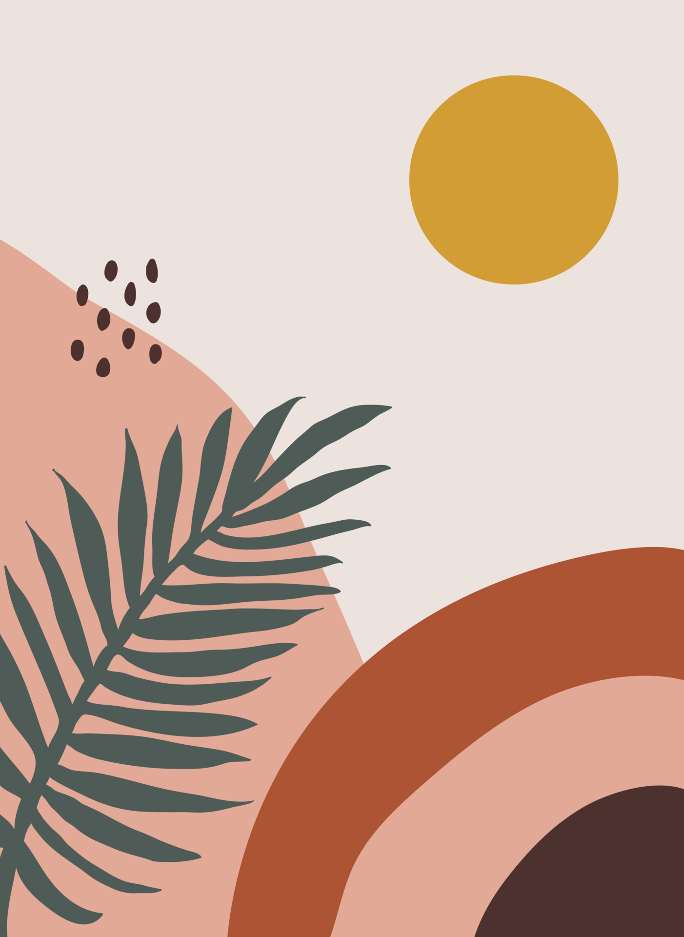 Modern abstract aesthetic background with hand drawn shapes and leaves