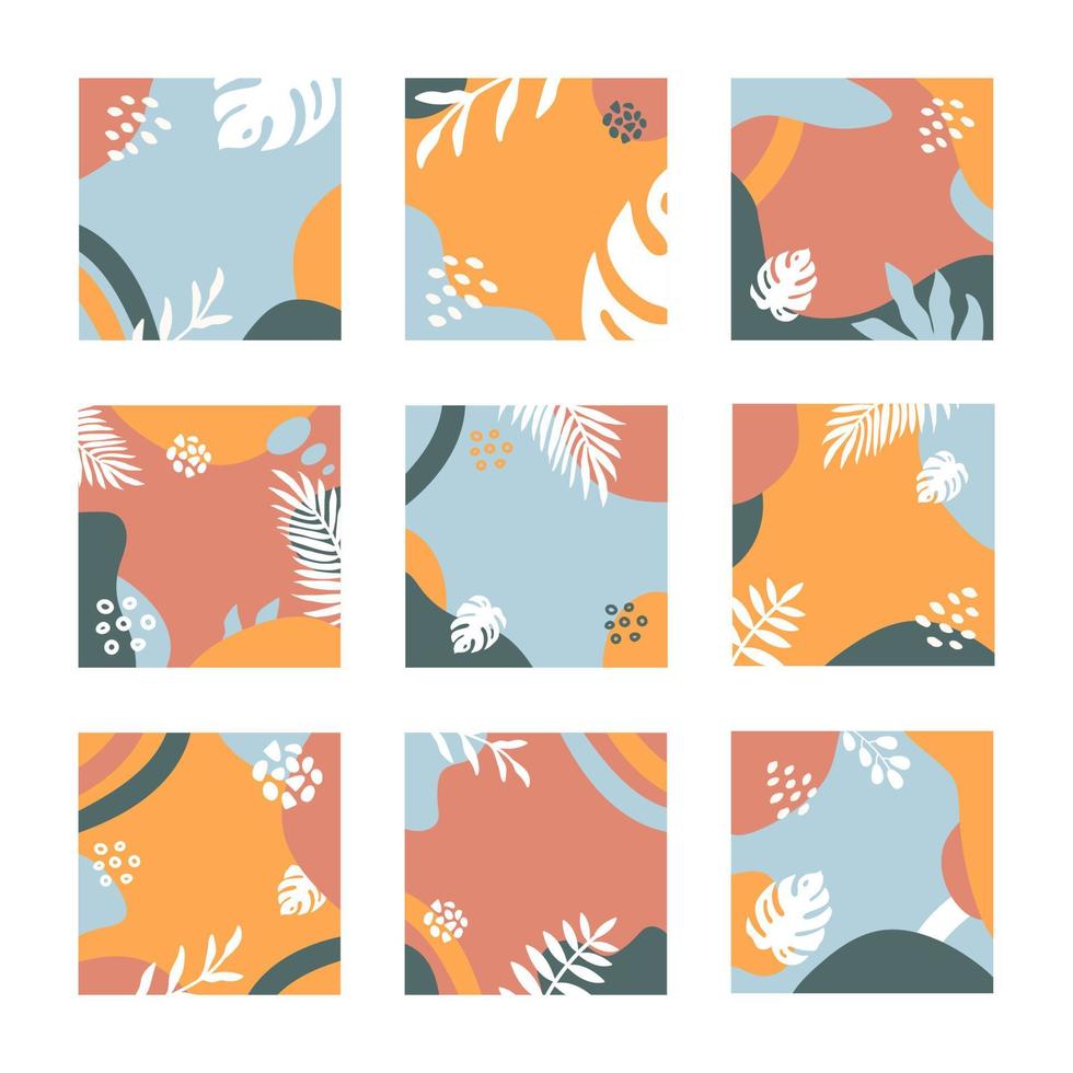 conjunto abstracto y moderno de plantillas modernas de publicaciones de venta de verano con coloridas hojas tropicales y formas dibujadas a mano. ilustración vectorial vector