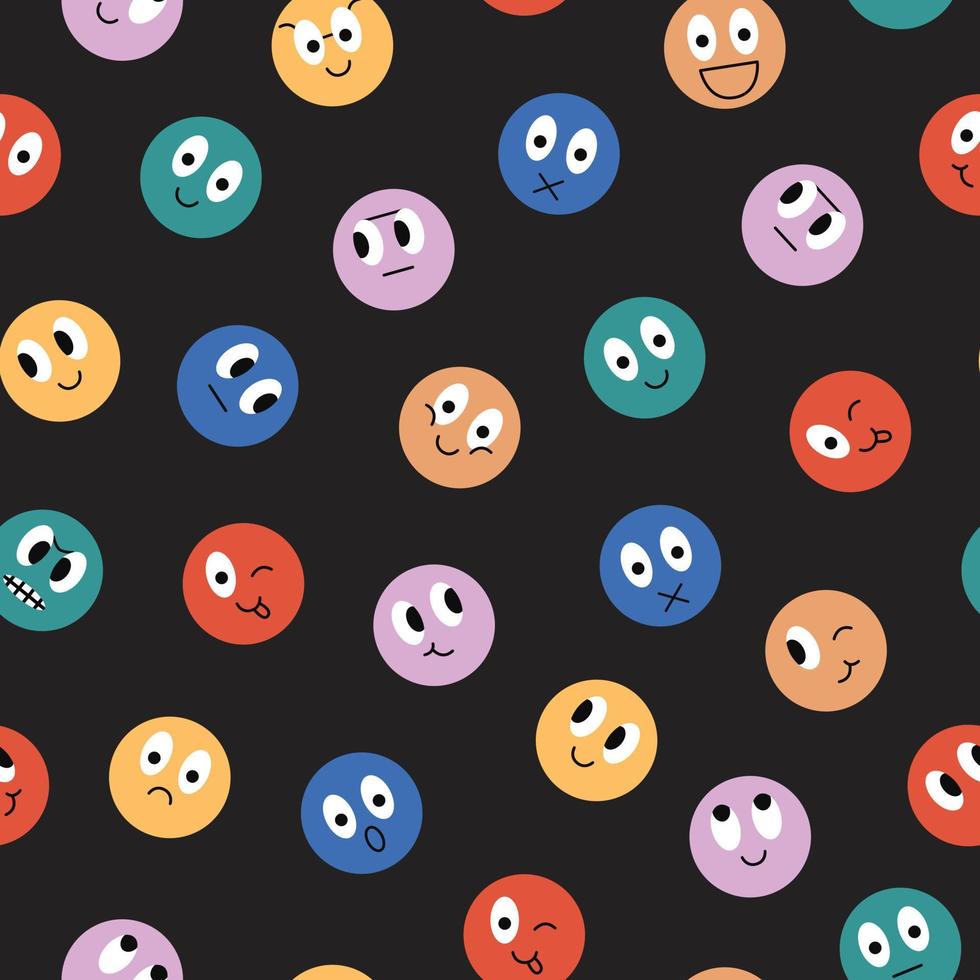 Colorful emotions seamless pattern. Cute circle smile faces on black background. Geometrical fabric design for kids textile. Funny vector illustration