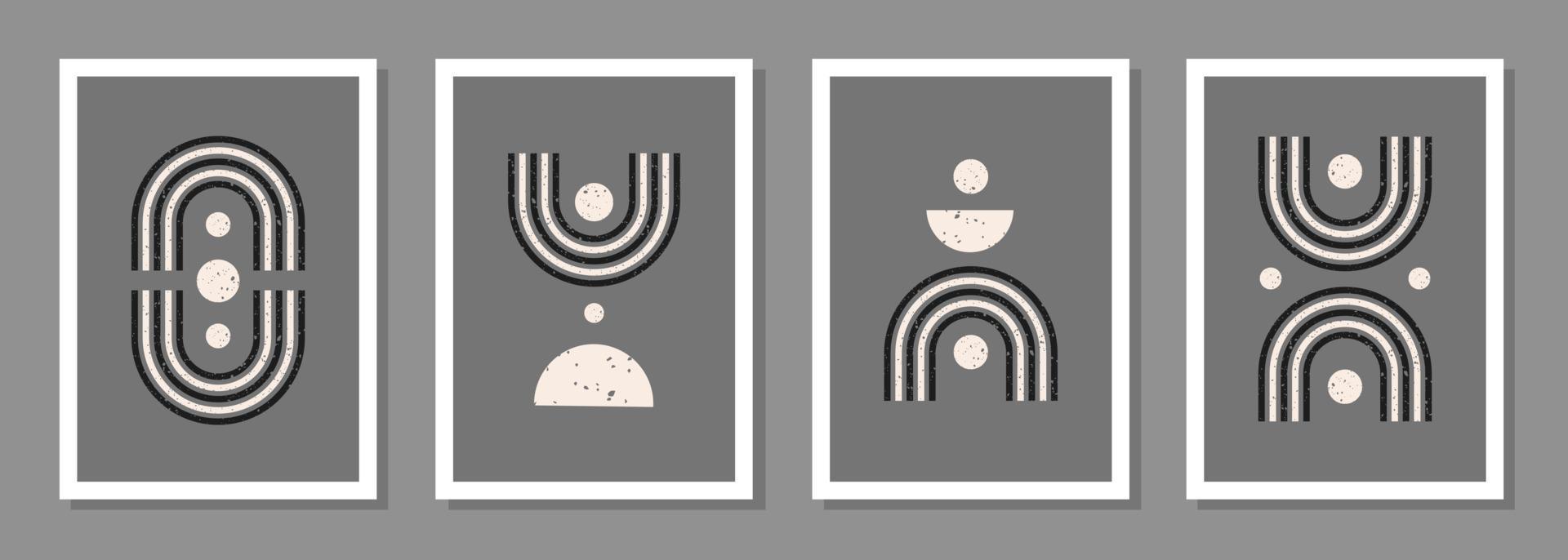 Conjunto de fondos estéticos abstractos modernos con varias formas geométricas texturizadas sobre fondo gris. decoración de pared en estilo boho. impresión de arte minimalista de mediados de siglo. diseño vectorial vector