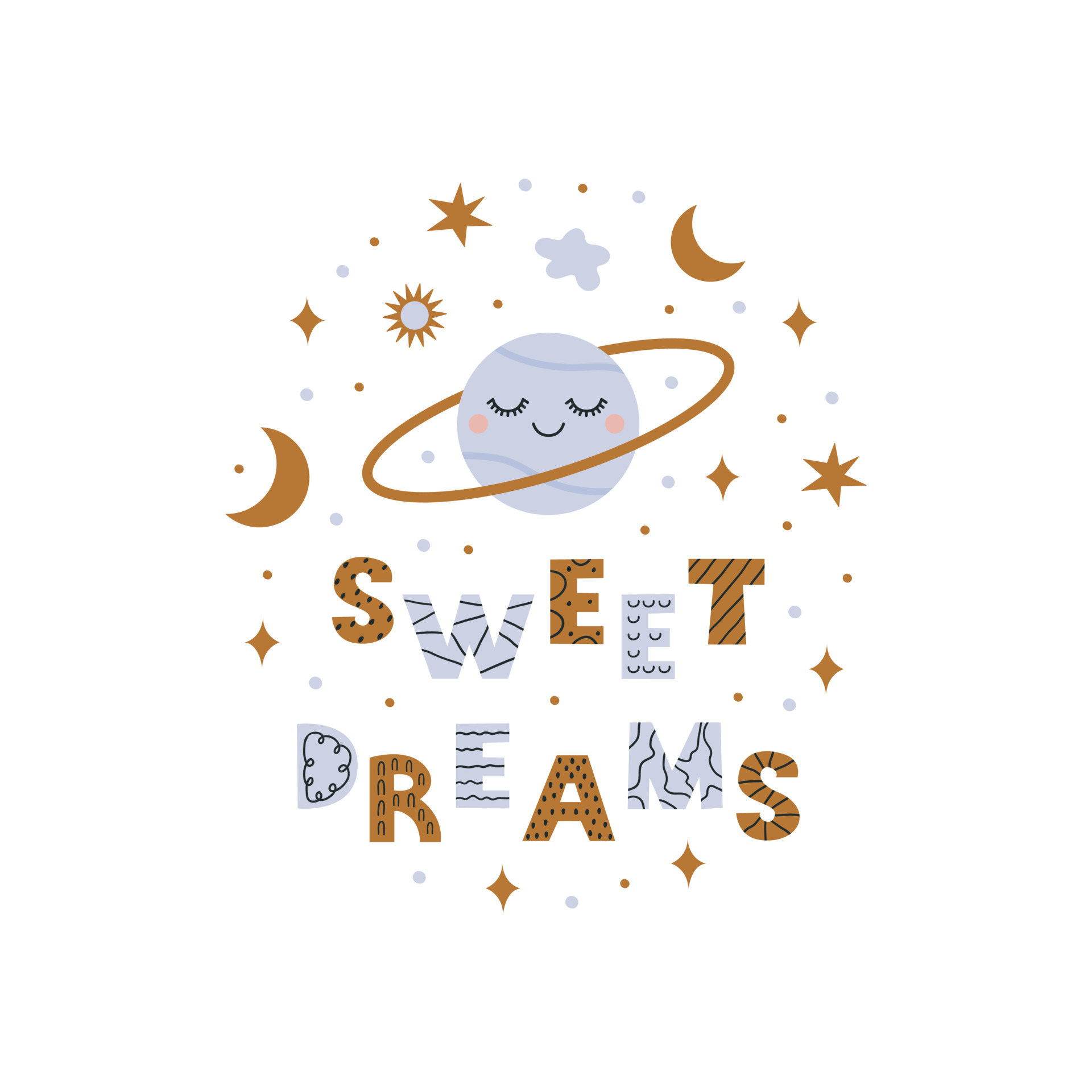 Sweet dreams phrase with cute cosmic objects on white background. Vector  print for nursery room, greeting cards, kids and baby clothes. 6873040  Vector Art at Vecteezy