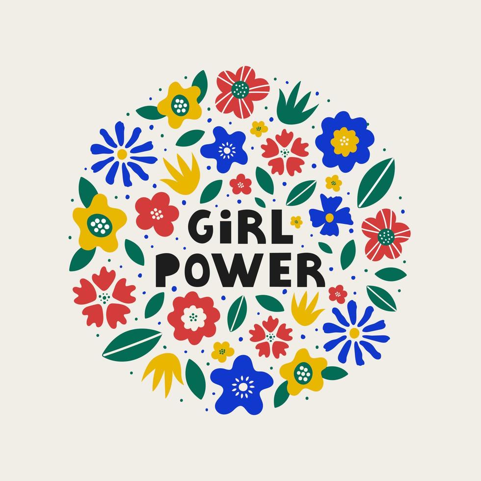 Colorful round shape of abstract flowers and leaves with lettering Girl Power in center isolated on pastel background. Women's motivational slogan. Vector illustration