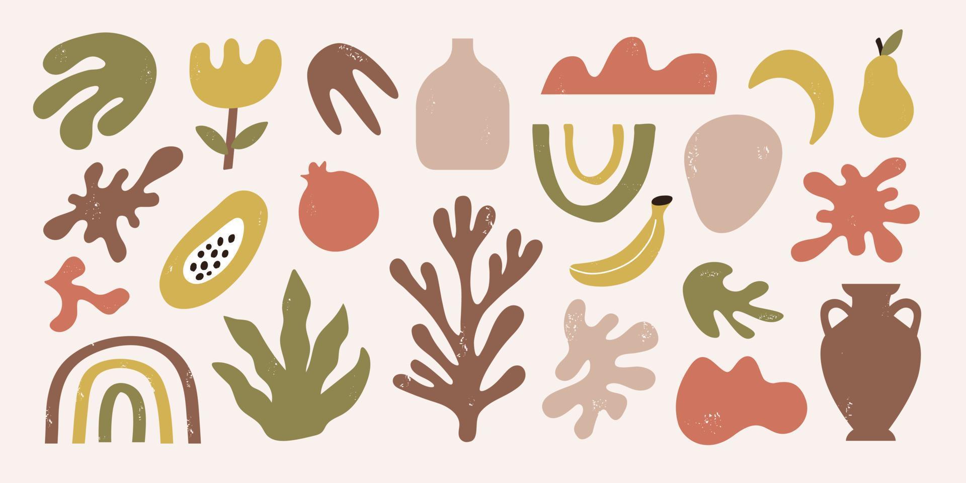 Trendy set of abstract organic shapes, objects, tropical fruits and seaweed. Contemporary hand drawn vector illustration. Matisse design