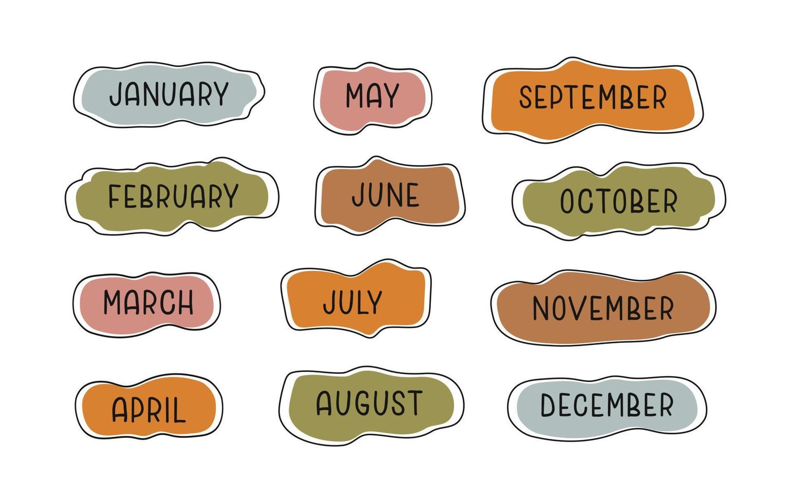 Handwritten colorful names of months on white background. Modern bright cartoon design for calendar, weekly plan, organizer. Vector illustration