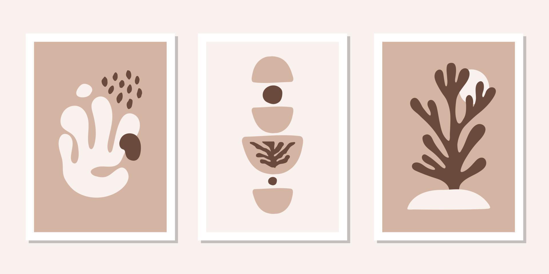 Modern set posters with abstract brown organic shapes. Contemporary minimal wall art decor. Matisse vector prints