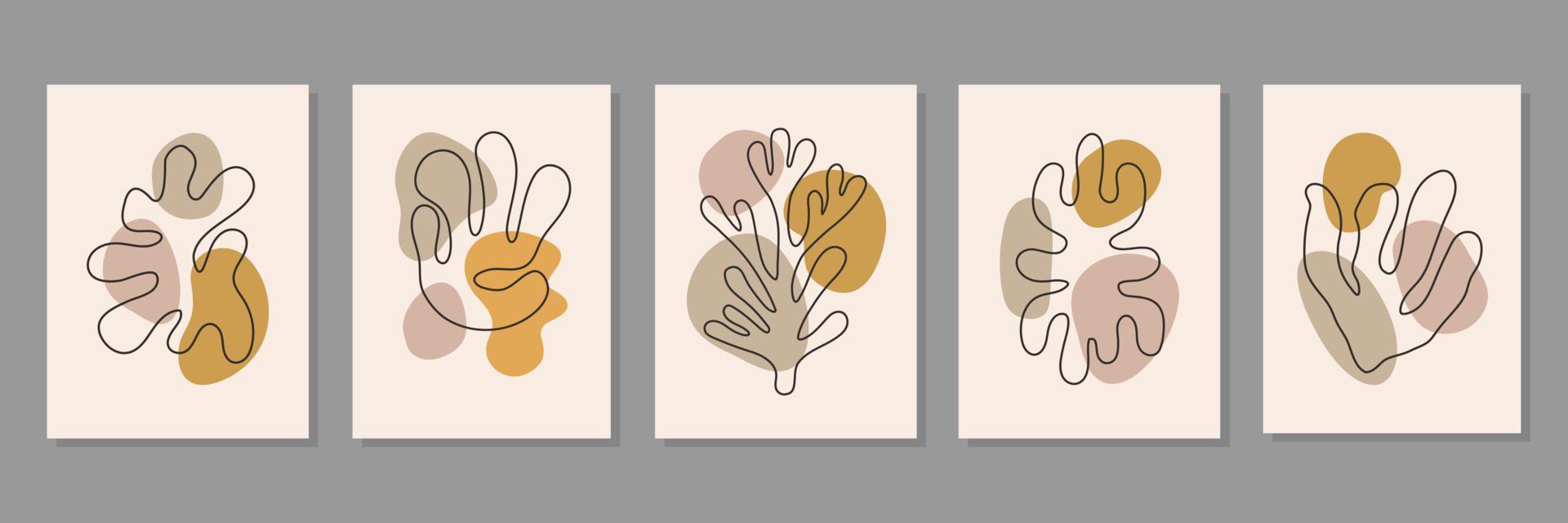 conjunto abstracto de afiches mínimos con formas orgánicas geométricas y lineales sobre fondo beige. impresiones vectoriales botánicas contemporáneas vector