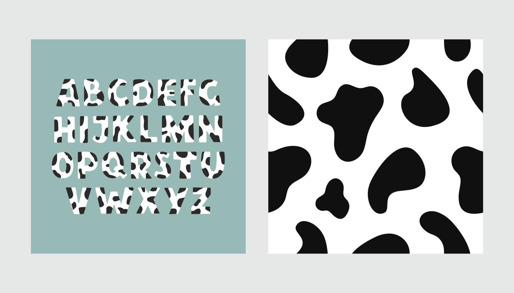 Cute cow skin alphabet and seamless pattern for your design. Modern cartoon design. Vector illustration