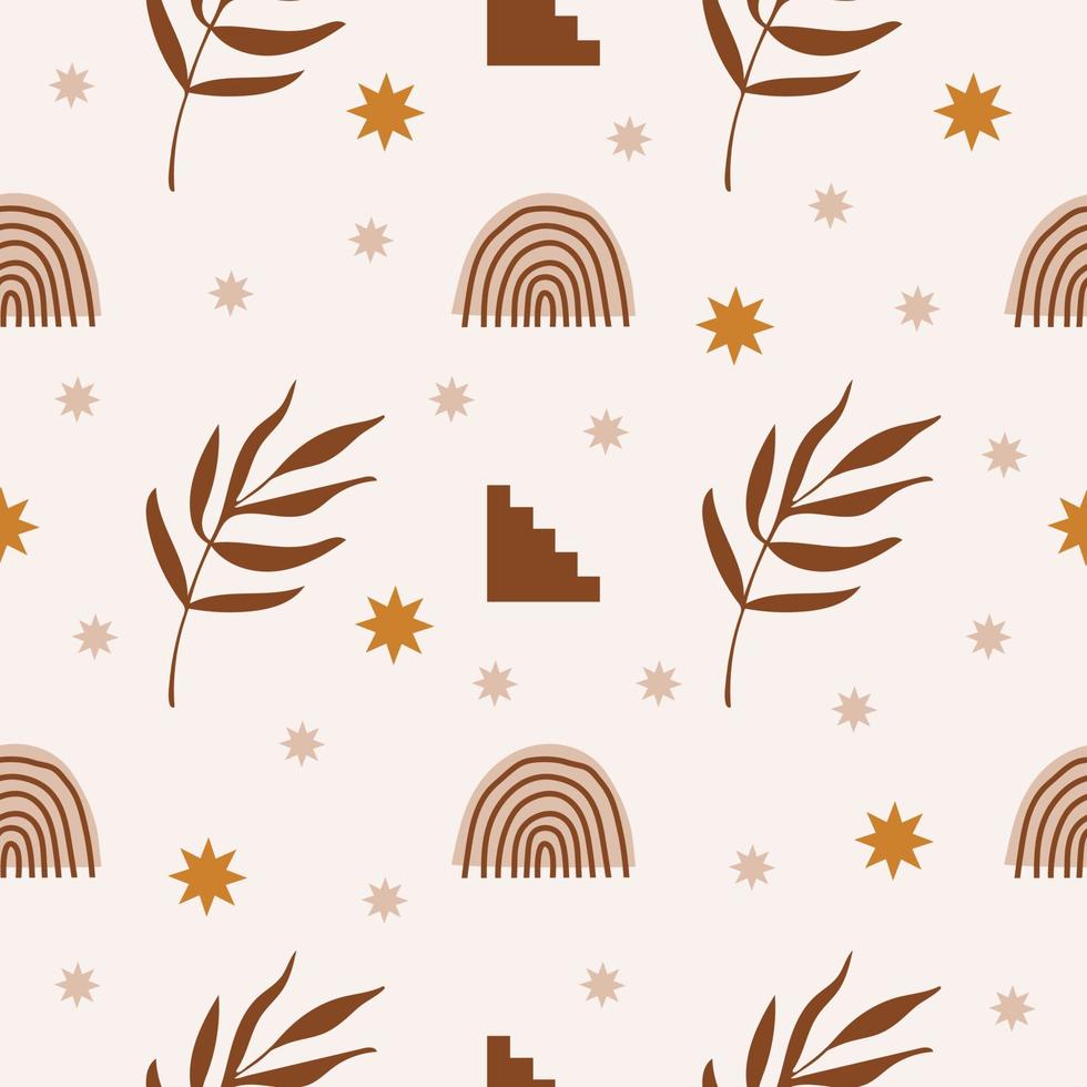 Modern abstract aesthetic seamless pattern with geometric architecture elements, plants, stars and rainbow in boho style. Mid century minimal vector design