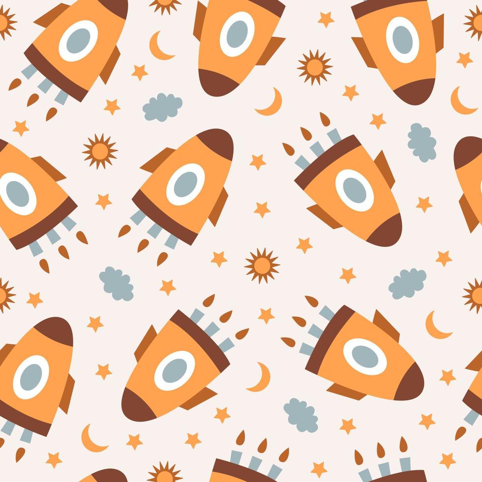 Cute seamless pattern with colorful rockets and stars on pastel background. Modern childish vector cartoon design