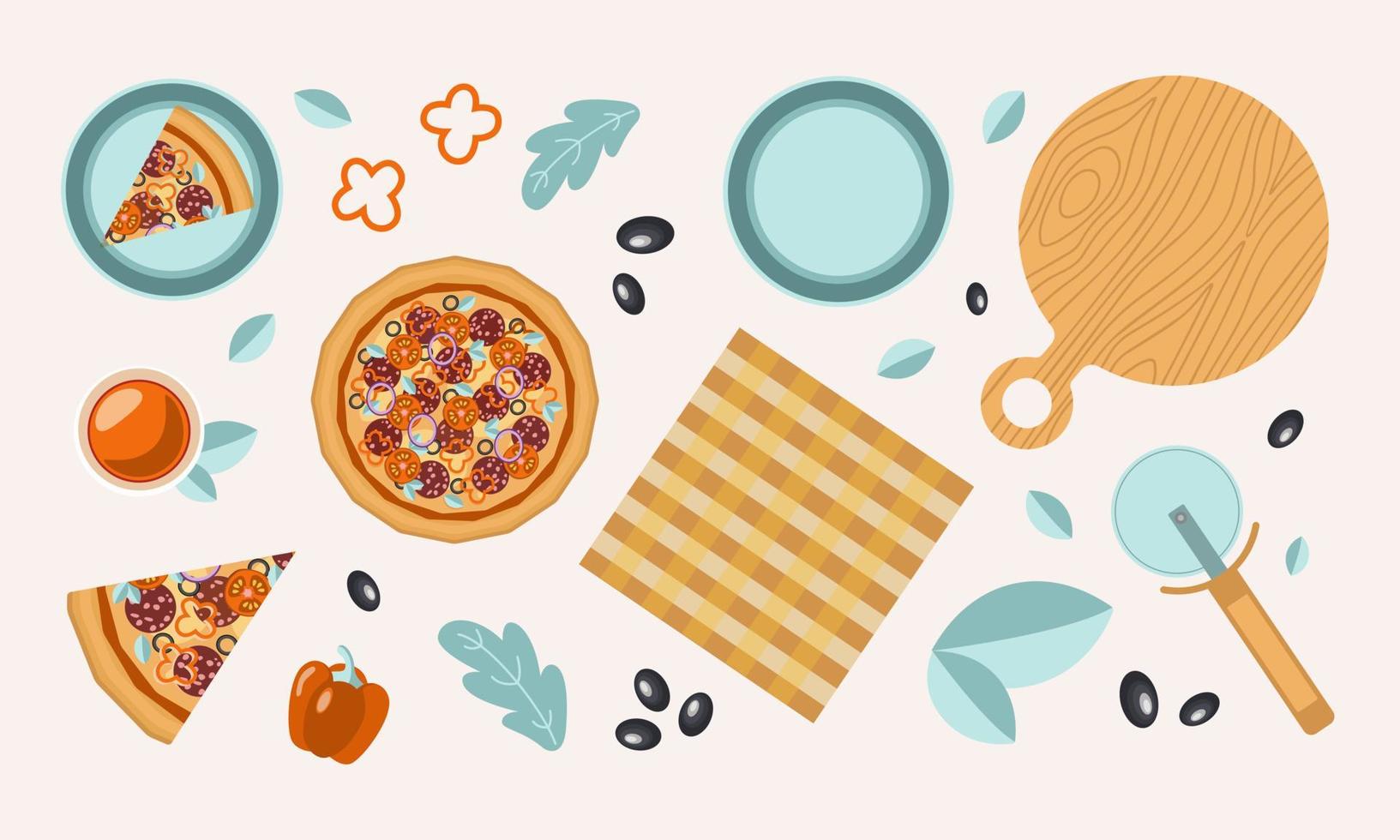 Colorful set of a whole pizza, a slice, ingredients, a cutting board and other objects. Vector illustration