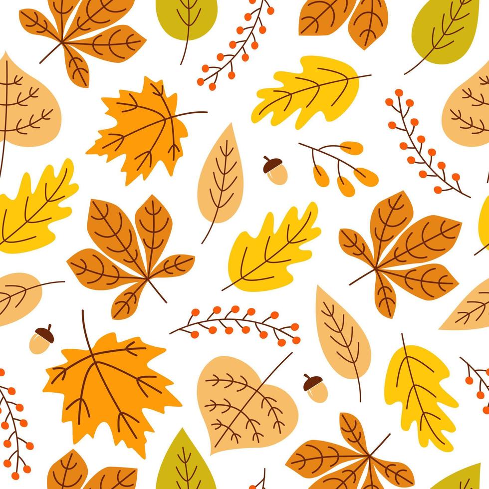 Autumn seamless pattern with colorful acorns, leaves and berries on white background. Modern seasonal pattern. Vector flat design