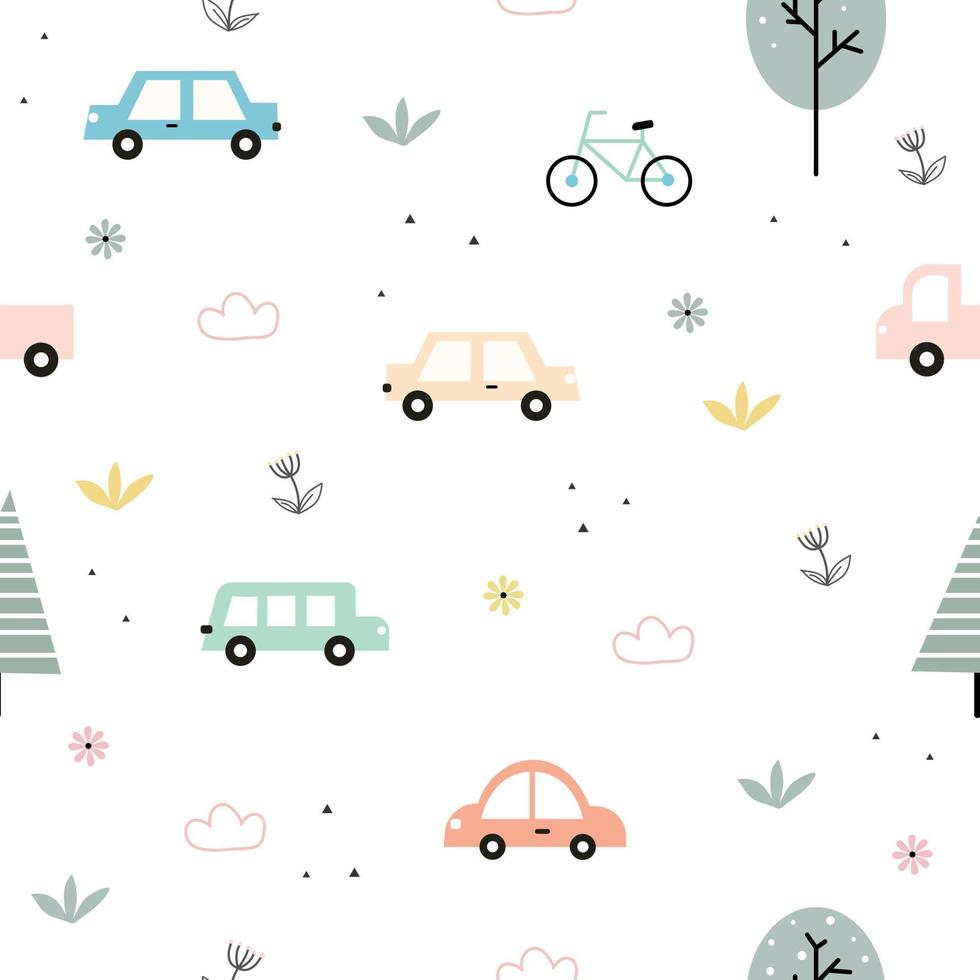 fondo de patrón vintage sin costuras para niños con íconos de automóviles y bicicletas y árboles y flores en una ilustración de vector de estilo lindo utilizada para publicación, papel de regalo, textiles