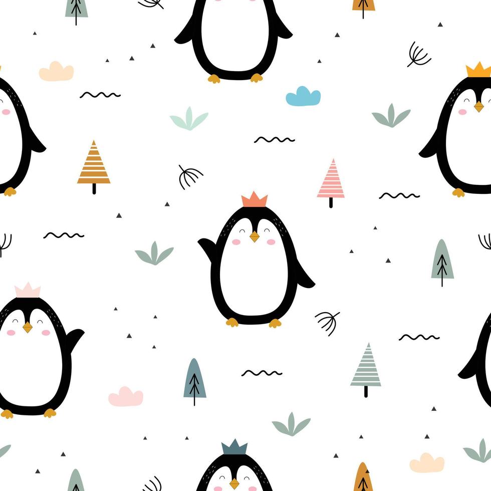 Seamless pattern for kids. The cute penguin background has grass clumps and no small trees alternately. Design ideas used for printing, gift wrapping, children's clothing, textile, vector illustration