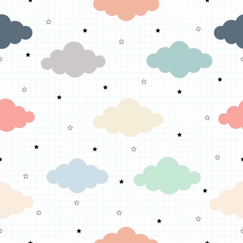 Seamless pattern Bright cloud background with square grid Line art concept cute cartoon design used for printing, background, gift wrapping, children's clothing, textile, vector illustration