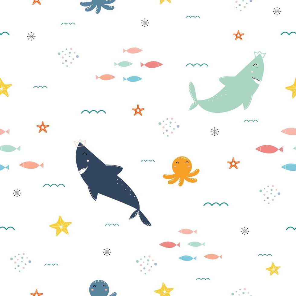 fondo de patrón sin costuras el personaje de dibujos animados submarinos tiene un tiburón, una estrella de mar, un calamar con un patrón cuadrado. idea de diseño utilizada para imprimir, envolver regalos, ropa de bebé, textil, ilustración vectorial vector