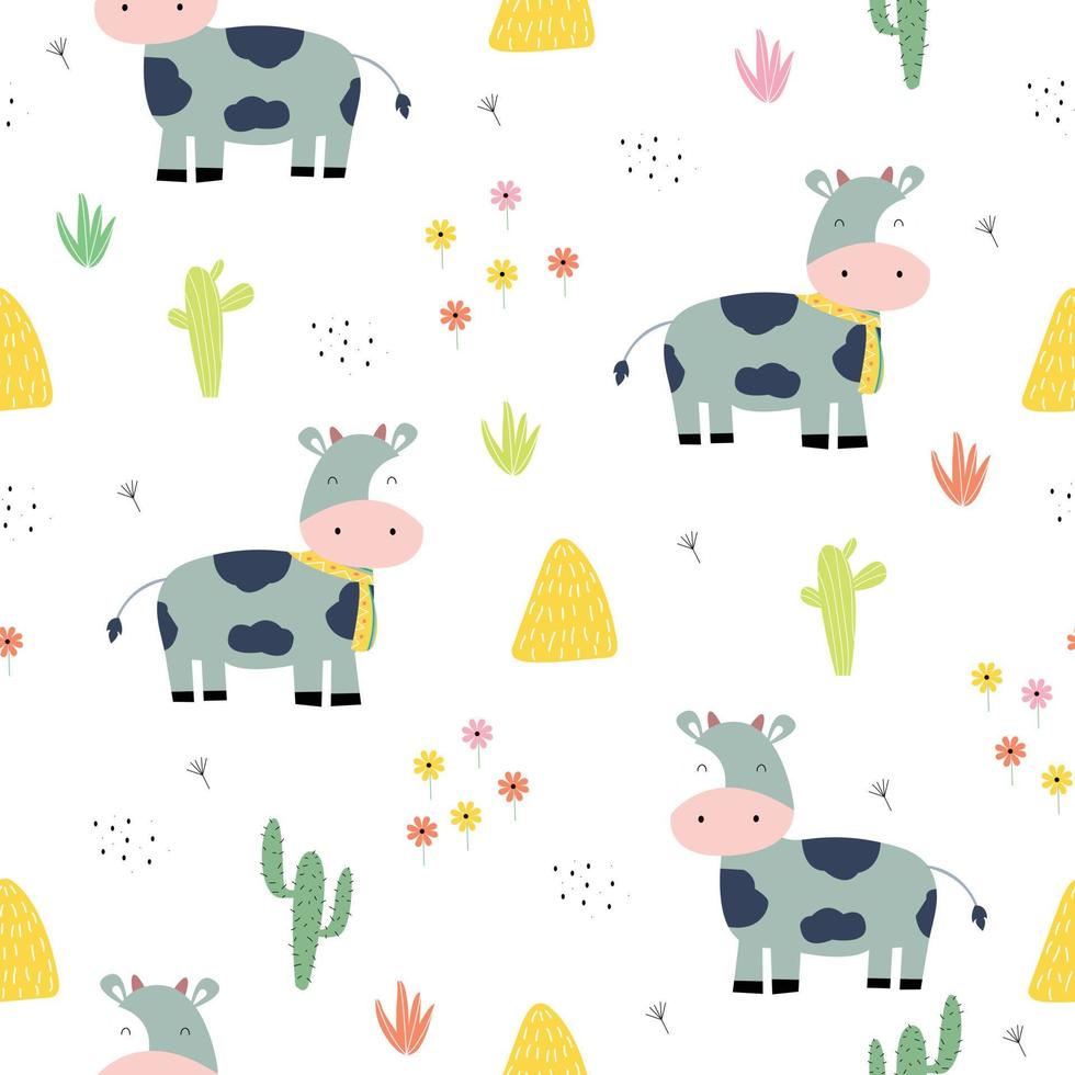 Seamless pattern cute cartoon animal characters for kids with cows, haystacks, and cactus. Design ideas used for publications, wallpapers, wrapping paper, textiles, vector illustrations