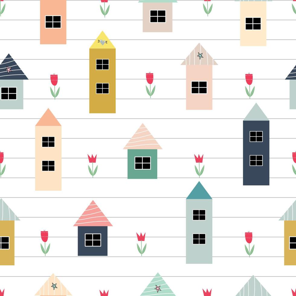 Cute seamless pattern for children who have houses with flowers and have notebook designs as wallpaper. Design ideas used for publications, baby products, gift wrapping, textiles. Vector illustration.