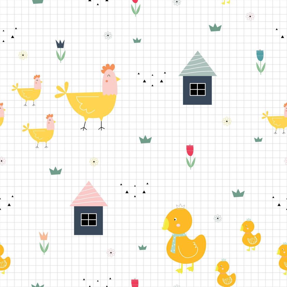 gallinas y pollitos lindo patrón sin costuras que tiene una casa con flores y rejilla cuadrada como conceptos de diseño de papel tapiz utilizados para publicación, productos para bebés, envoltura de regalos, ilustraciones de vectores textiles