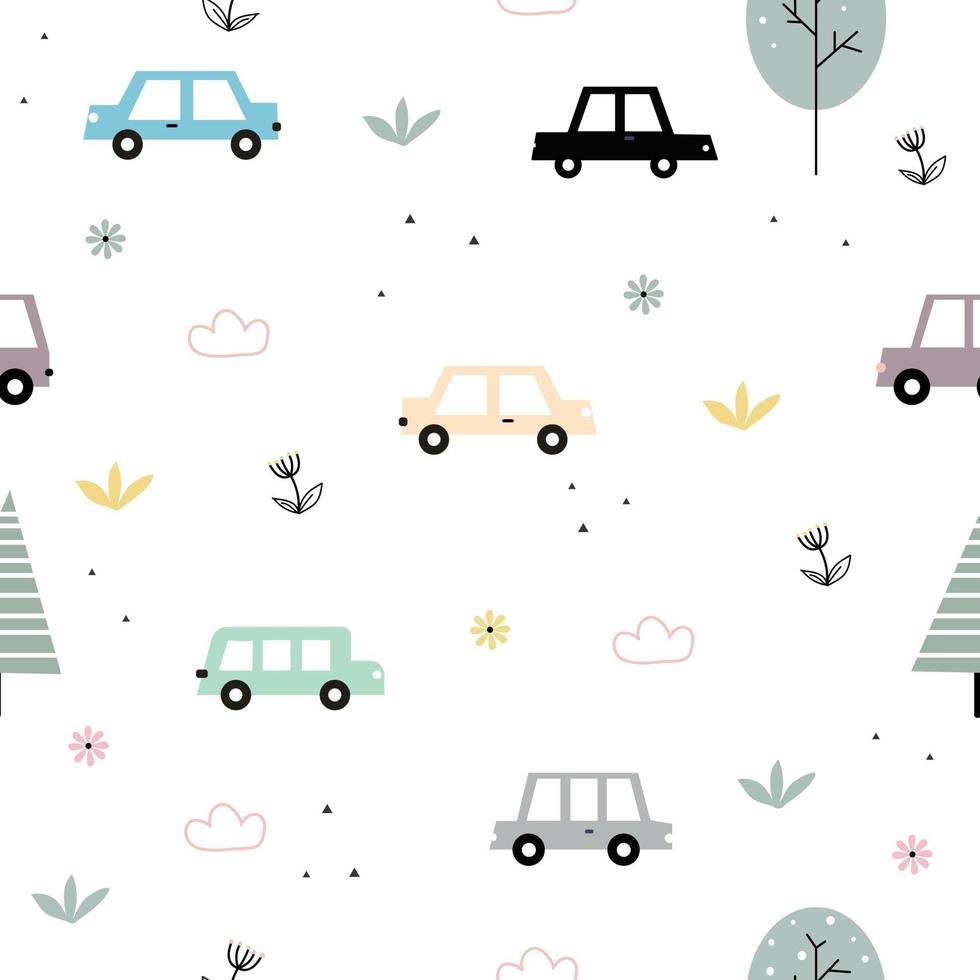 fondo de patrón vintage sin costuras para niños con íconos de automóviles y bicicletas y árboles y flores en una ilustración de vector de estilo lindo utilizada para publicación, papel de regalo, textiles