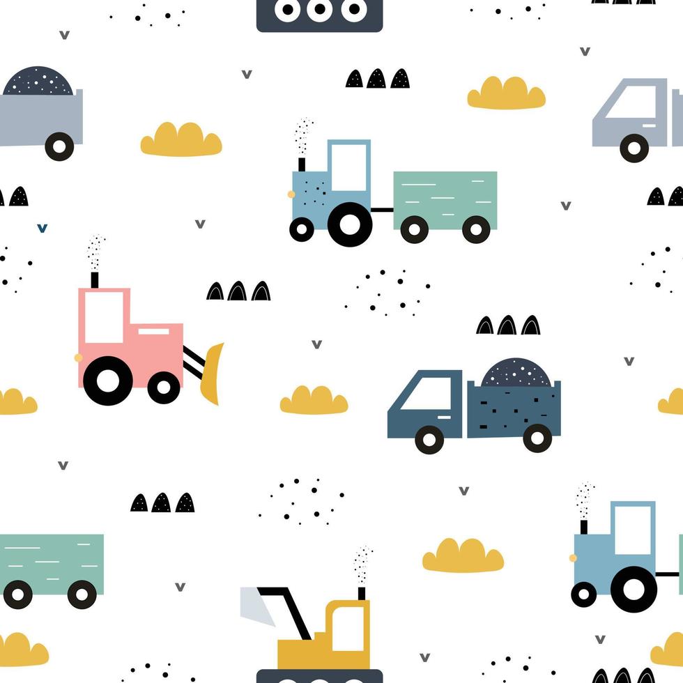 mano dibujó una imagen de fondo de patrón sin costuras con el patrón de tractor y camión volquete ideas de diseño de textura creativa para niños para tela, textil, papel tapiz, ropa. ilustración vectorial vector