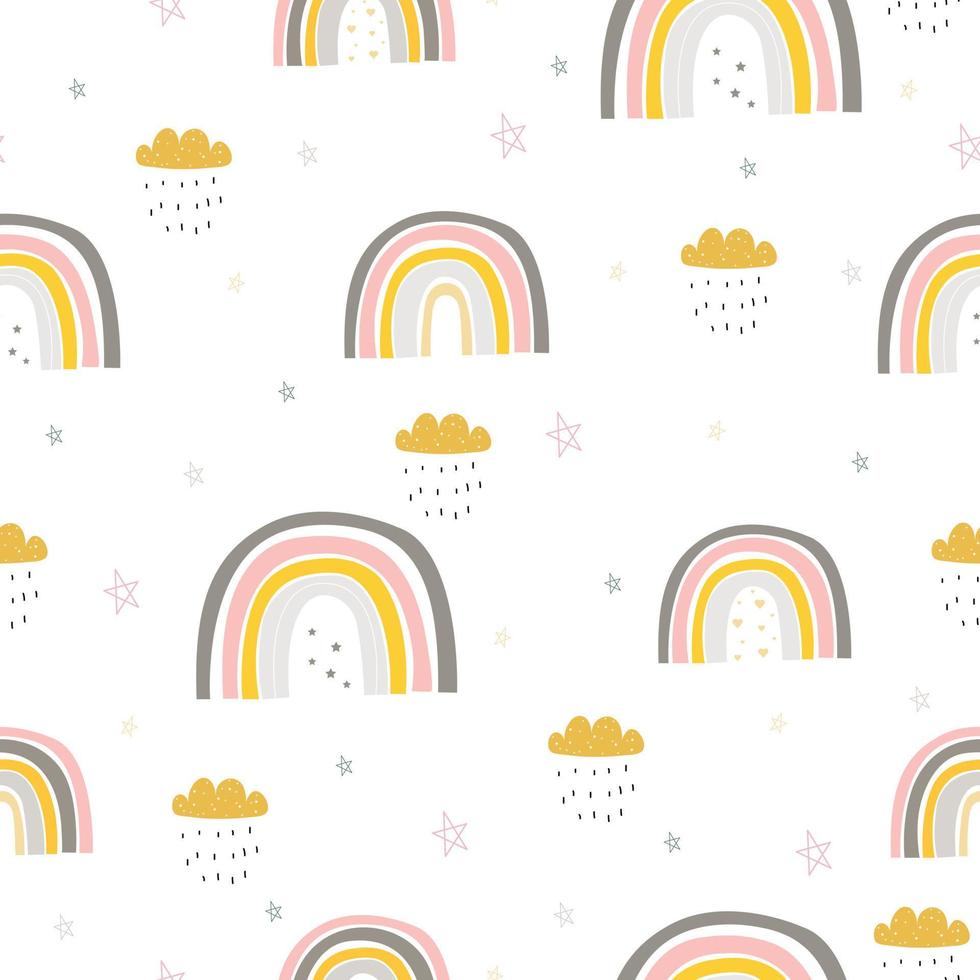 Cute seamless pattern for the kid, children Rainbow background with clouds and stars Modern design ideas Used for publication, textiles, wallpaper, clothing, vector illustration