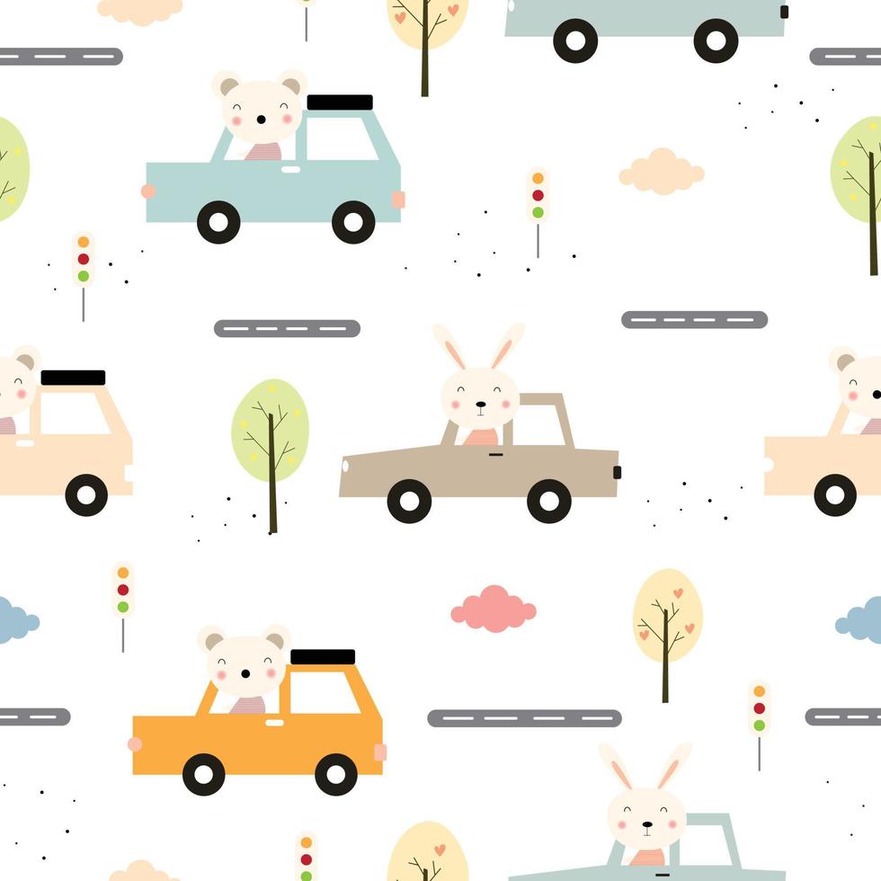 A rabbit and a bear sitting in a car Seamless background Vector illustration Cute cartoon patterns for children Design ideas used for publications, gift wrap, textiles, cloth