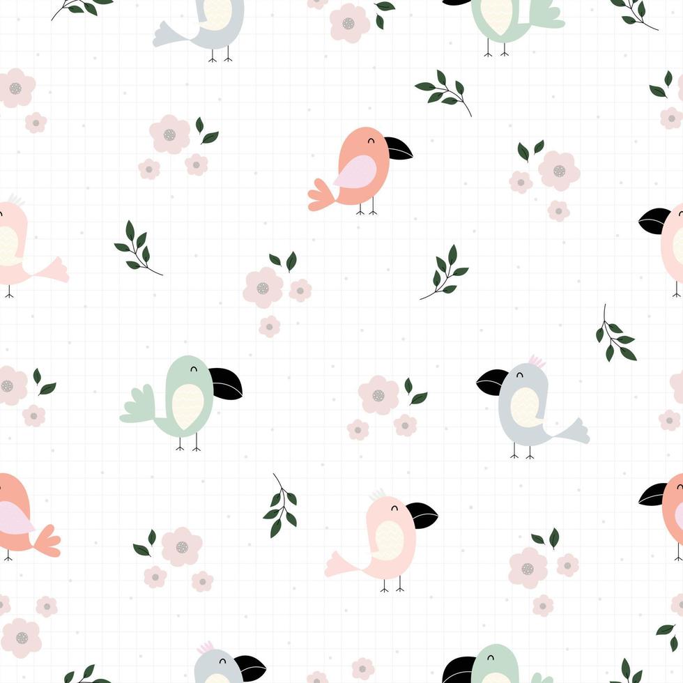 Seamless pattern for children Cartoon background with a cute little bird and a square grid on the back. Modern design ideas Used for publication, textiles, wallpaper, clothing, vector illustration