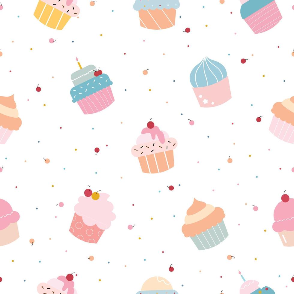 Cupcake Dessert. Cute seamless pattern for kids. Hand drawn cartoon background design concept used for printing, gift wrapping, baby clothing, textile, vector illustration