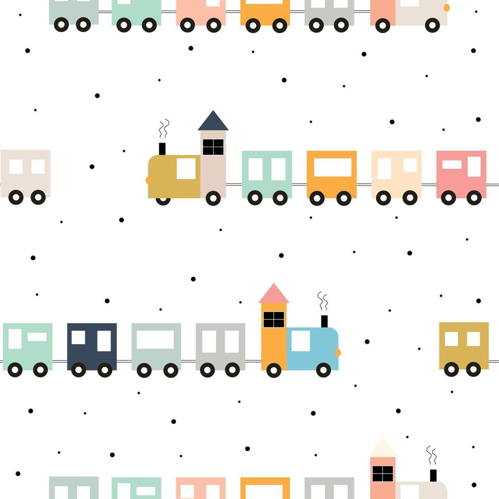 Train background A colorful cartoon pattern with small black dots Lovely seamless texture for children. Design ideas for publication, wallpaper, wrapping paper, textiles, clothing. Vector illustration