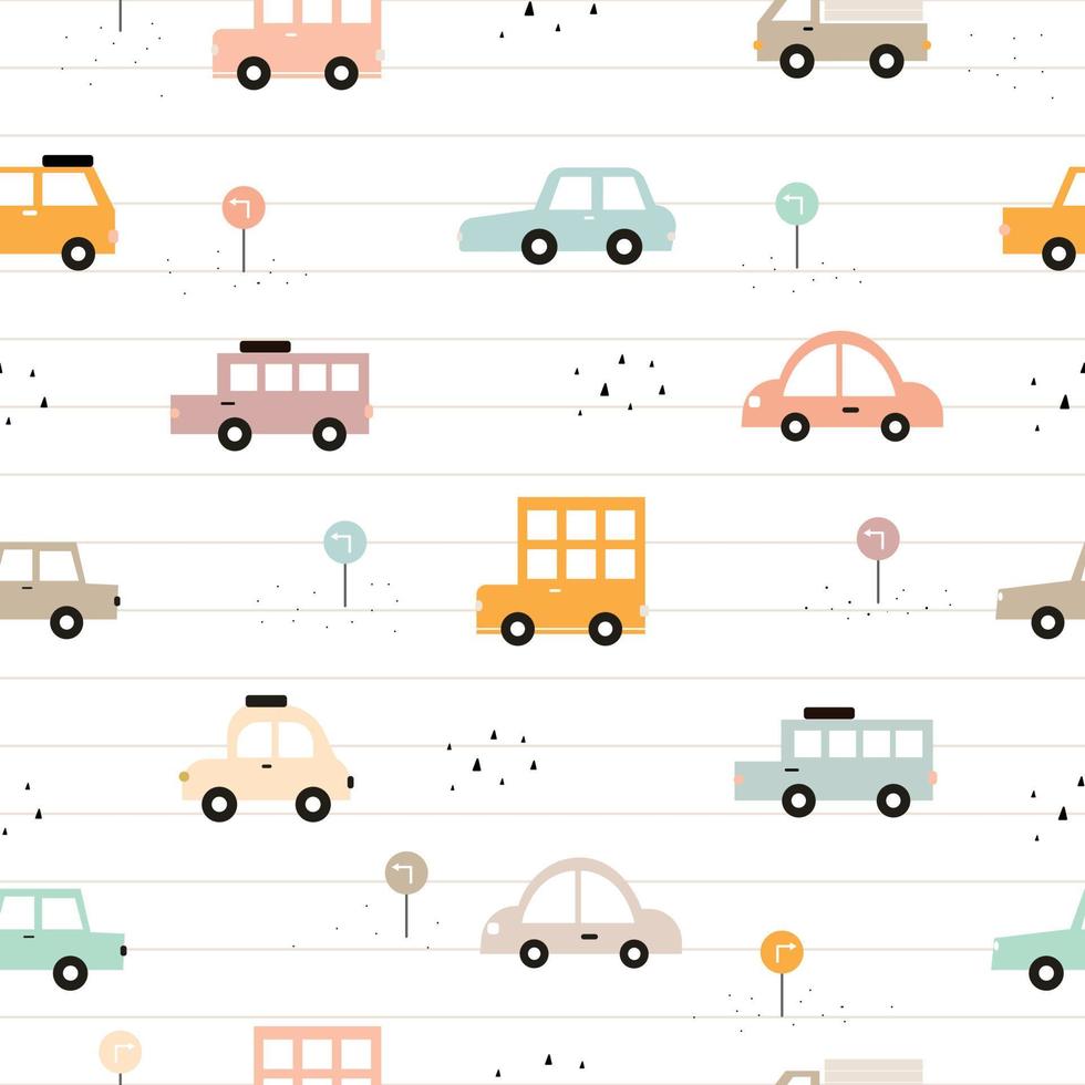 Seamless pattern Colorful car background with a Traffic sign and with notebook lines Cute patterns for children Design used for printing Gift wrap, children's clothing, textile, vector illustration