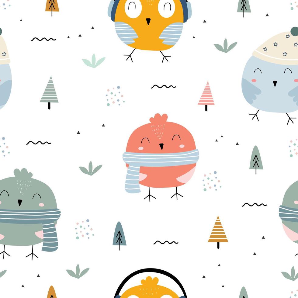 Cute seamless pattern for children. Many of the cartoon background animals of birds wearing scarves and headphones have different characteristics and have trees and small grassy clumps vector images.