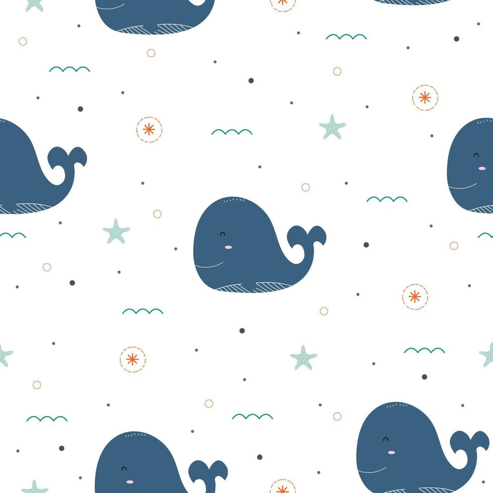 Seamless pattern on the background of marine life with whales Cute animal cartoon characters Design used for printing, background, gift wrapping, baby clothes, textile, vector illustration