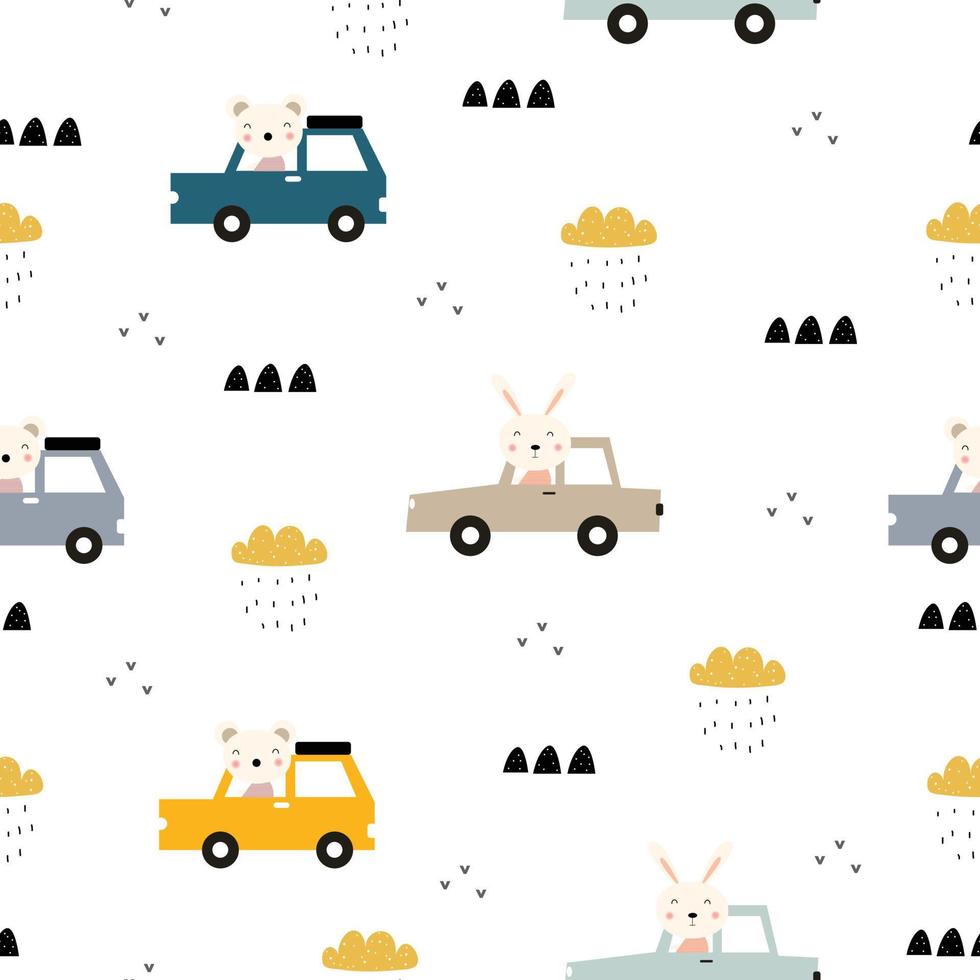 A rabbit and a bear sitting in a car Seamless background Vector illustration Cute cartoon patterns for children Design ideas used for publications, gift wrap, textiles, clothing