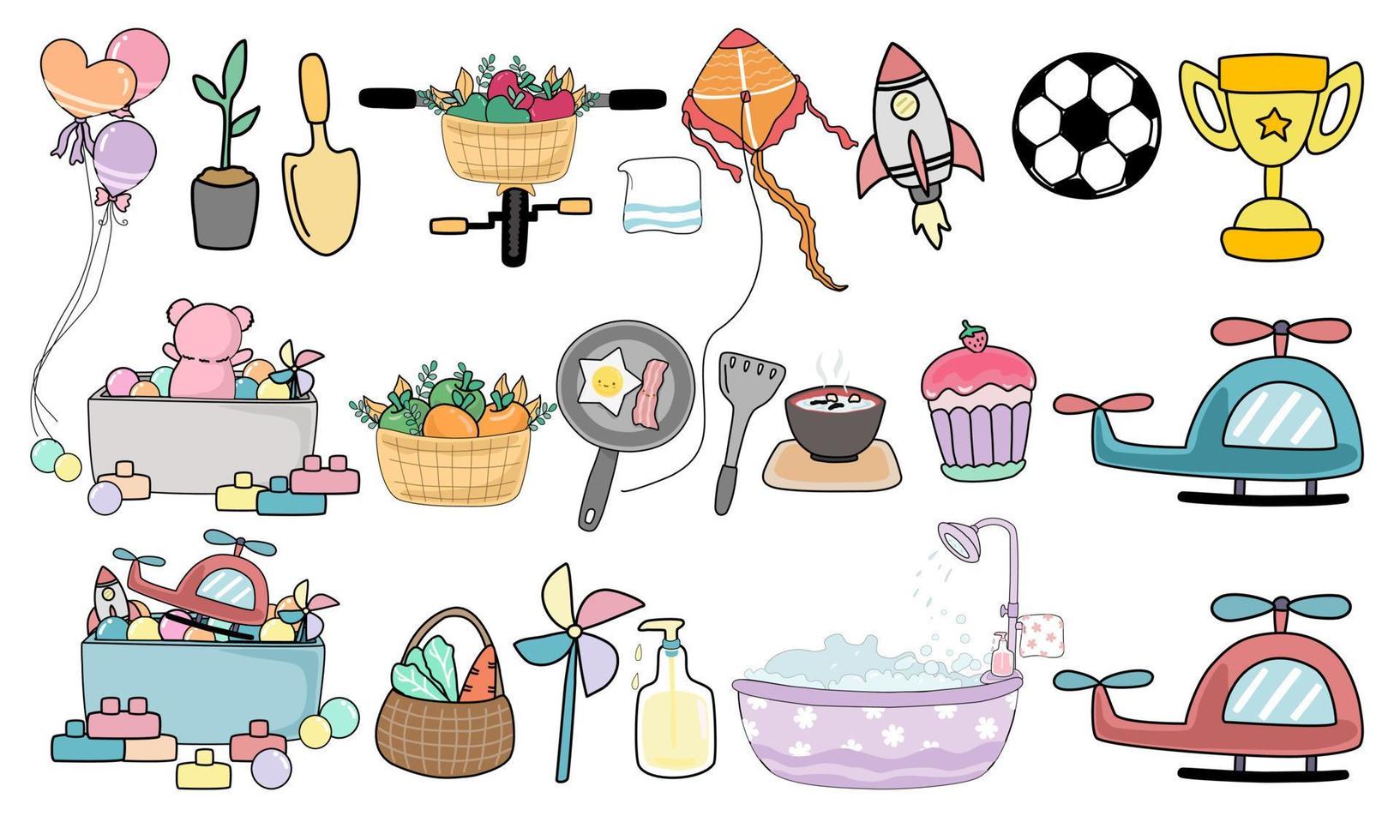 A set of cartoon toys in a variety of styles, doodle style for decorative vector