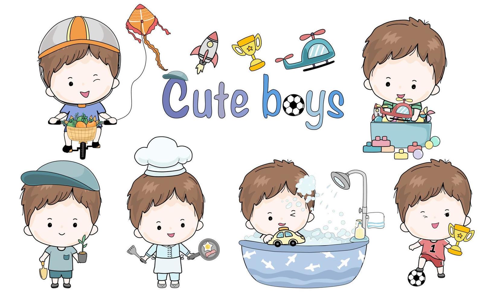 Cute boy activities clip art designed in doodle style vector