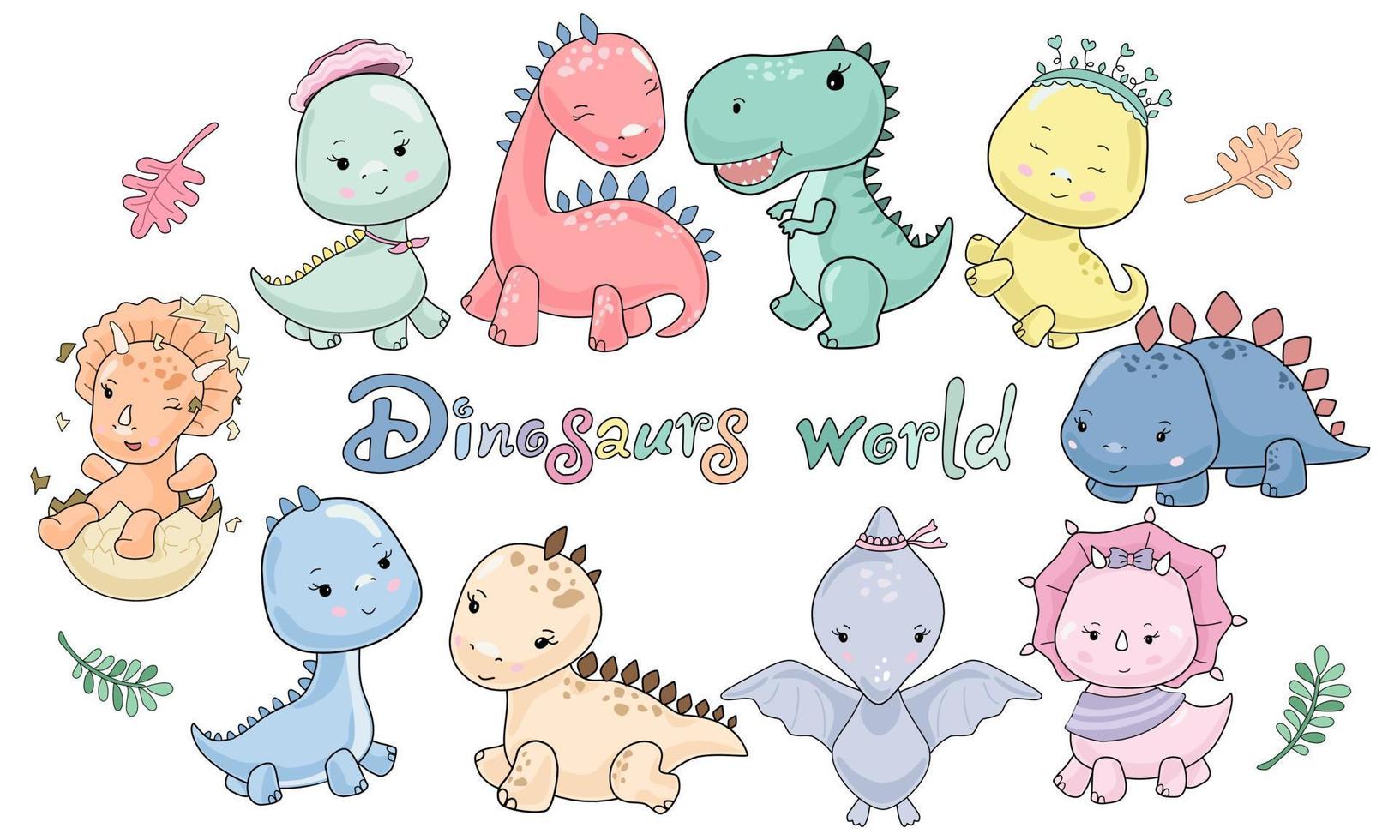 mundo de lindos personajes de dinosaurios diseñados en estilo doodle pastel vector