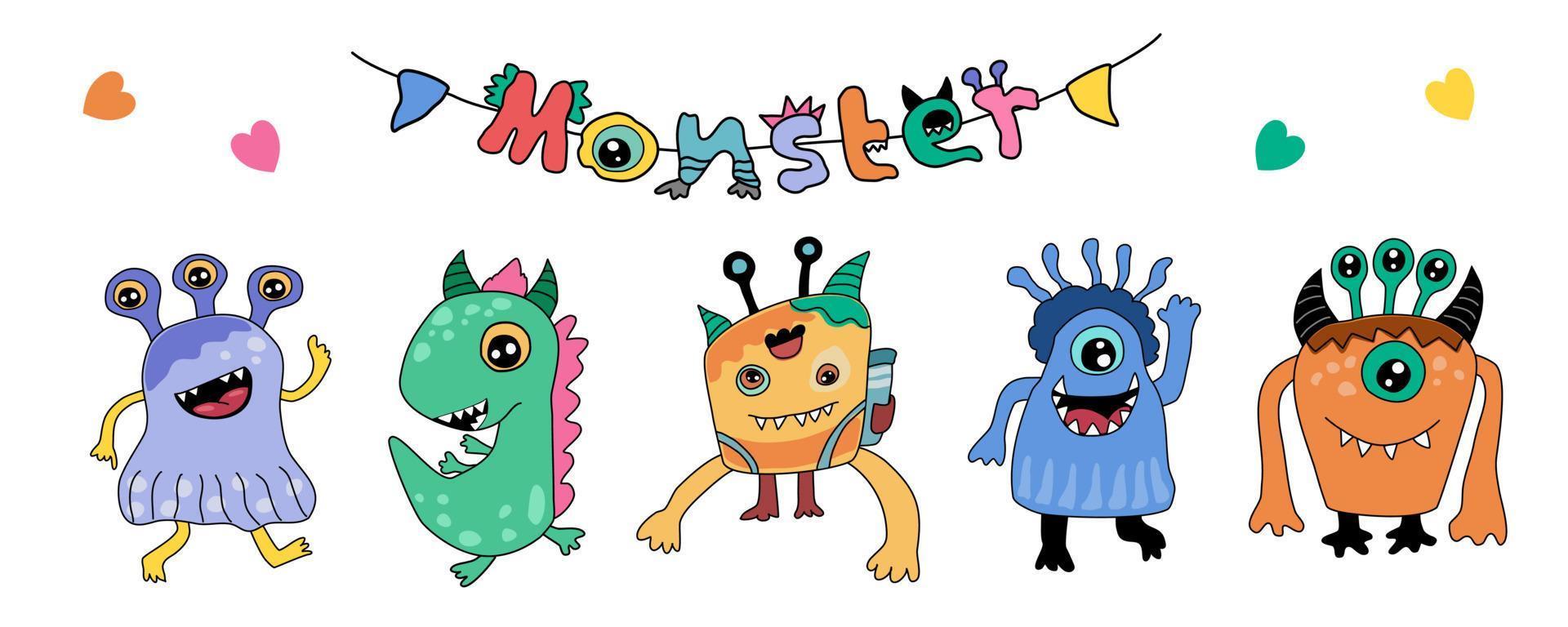 conjunto de lindos personajes de monstruos en un colorido estilo de garabato vector