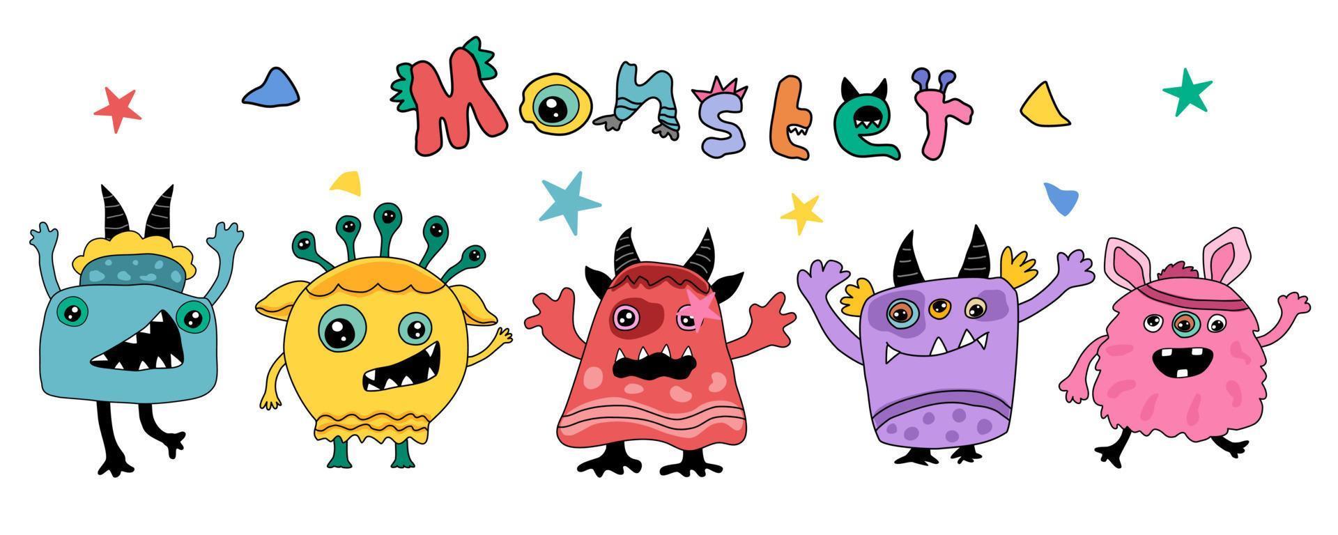 Set of cute monster characters in colorful doodle style vector