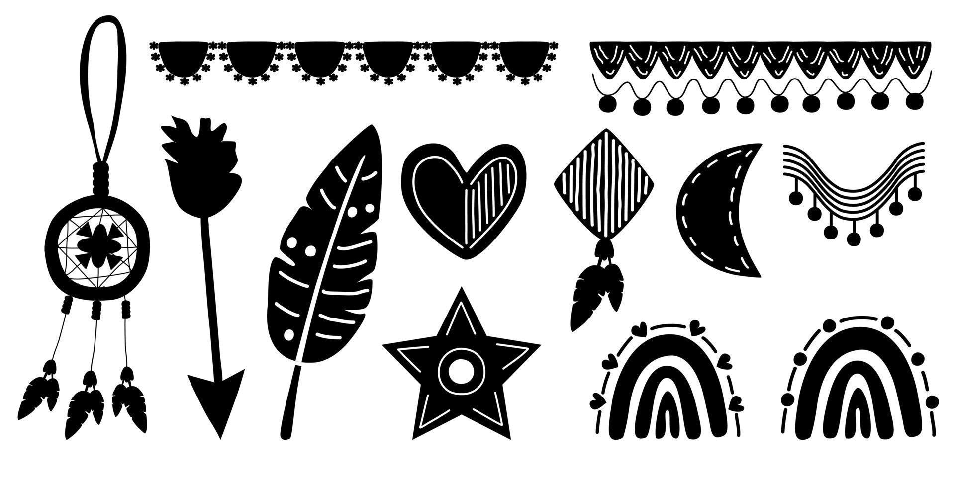 elementos decorativos en un tema boho. diseñado en tonos negros vector