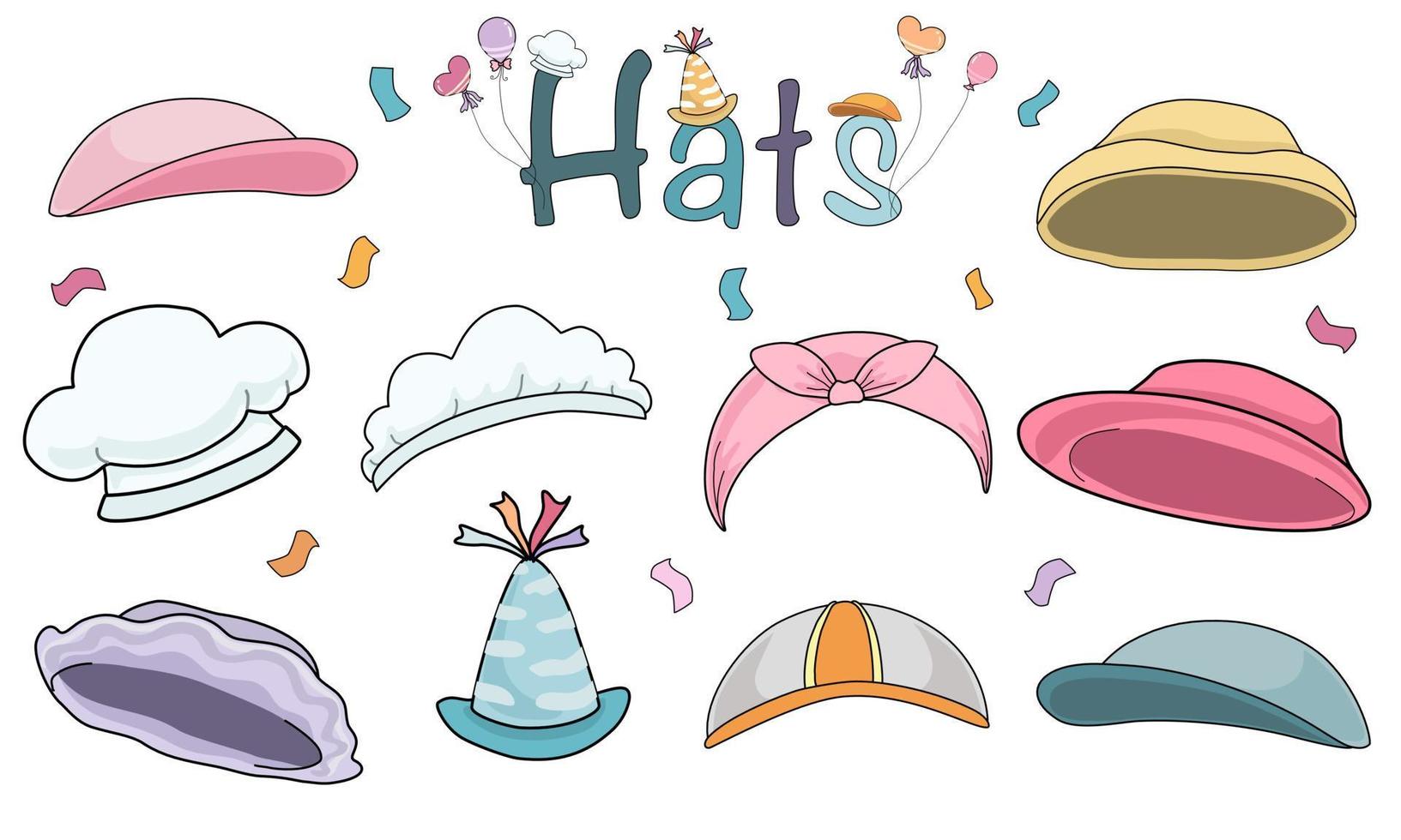 A variety of hat sets designed in simple doodle style vector