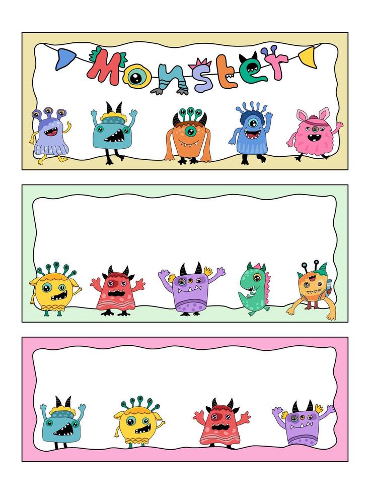 Set of cute monster frames in colorful doodle style vector