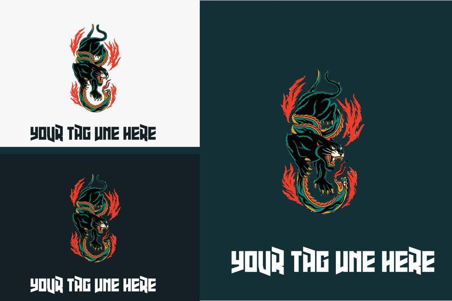 black panther fight with big snake with flames vector