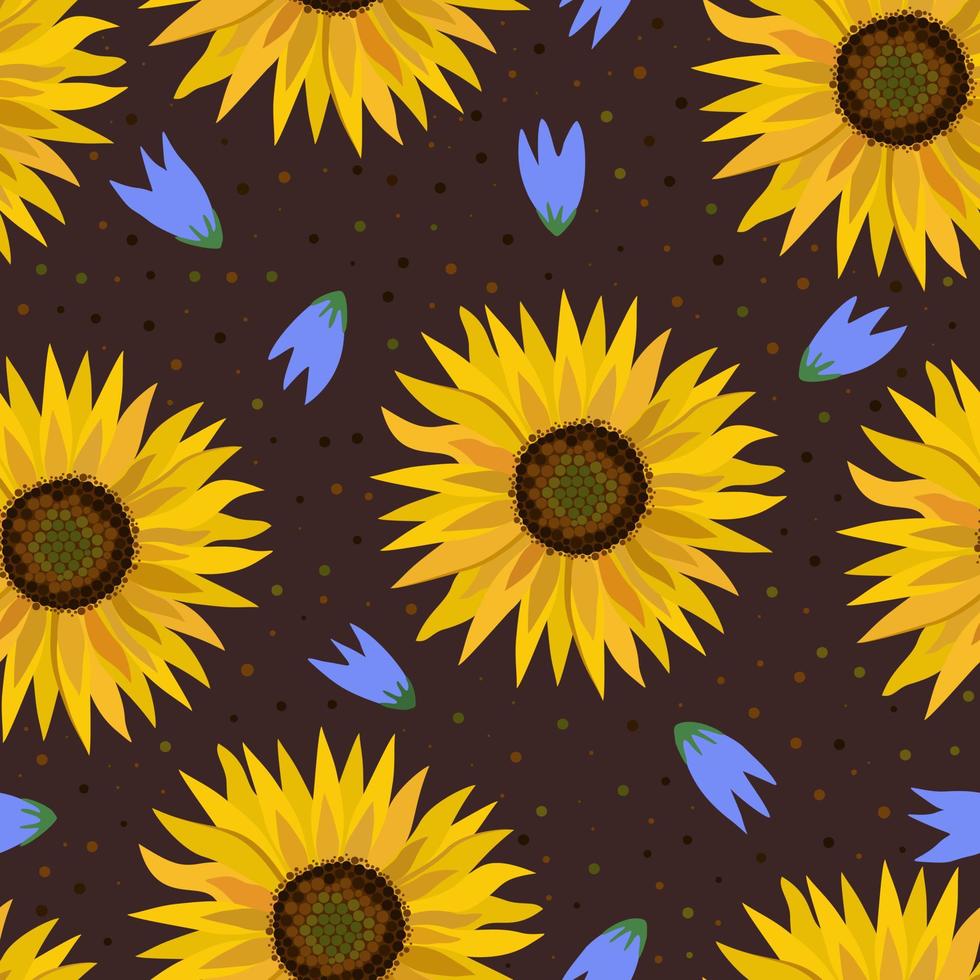 Floral seamless pattern with sunflowers and bellflowers. vector