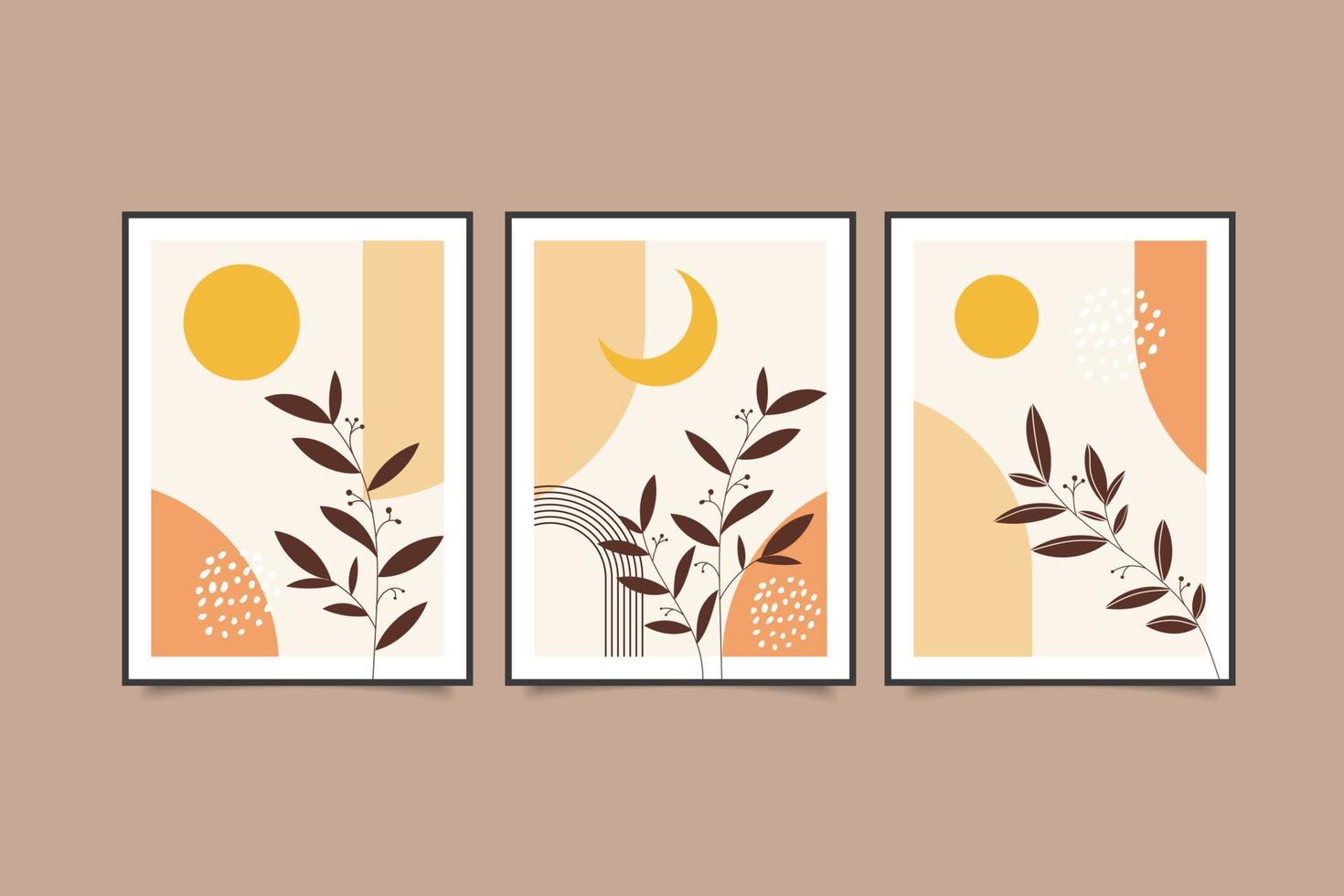 set of prints modern wall art leaves sun and moon boho contemporary printable vector