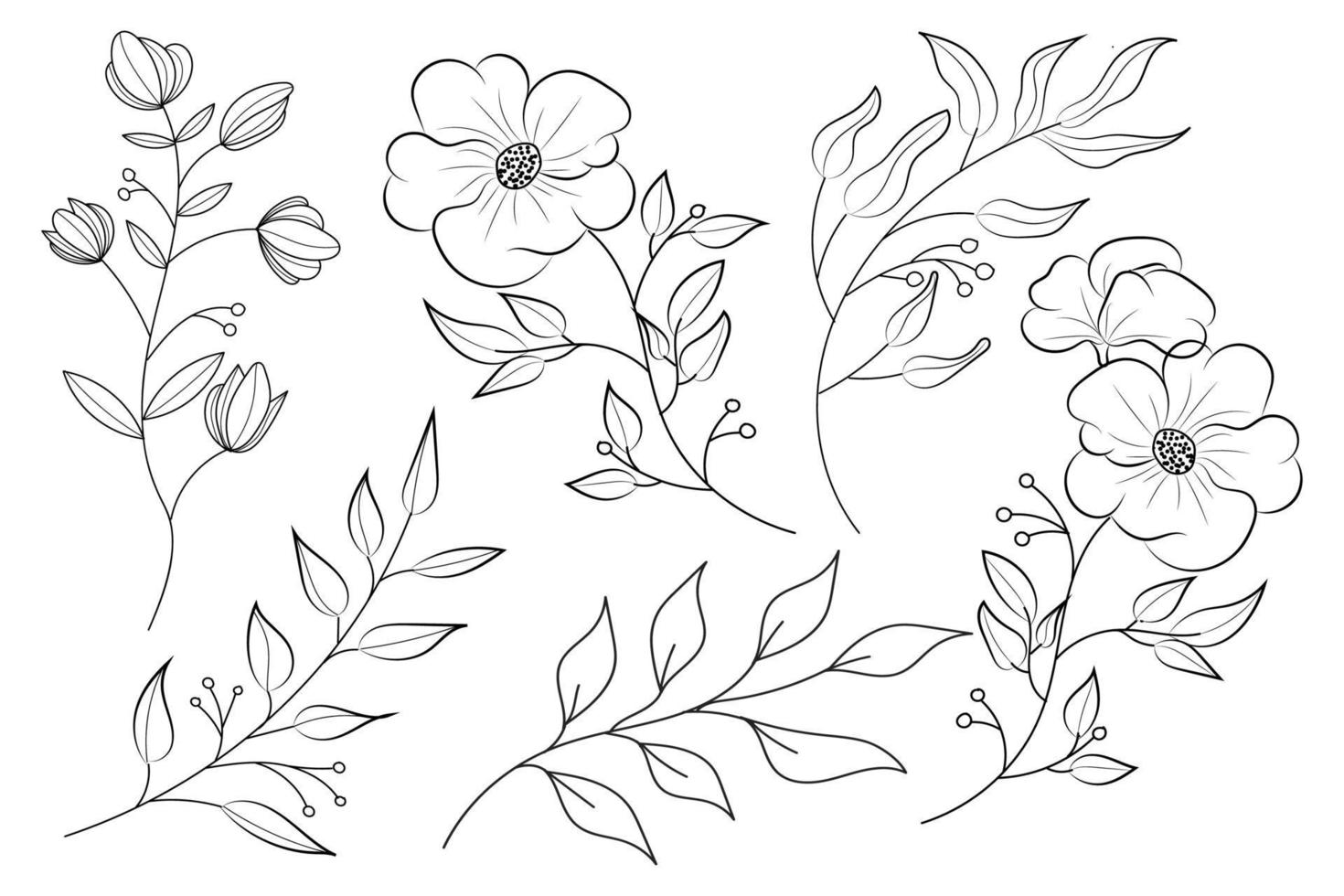 Spring flowers line art doodle composition design collection vector