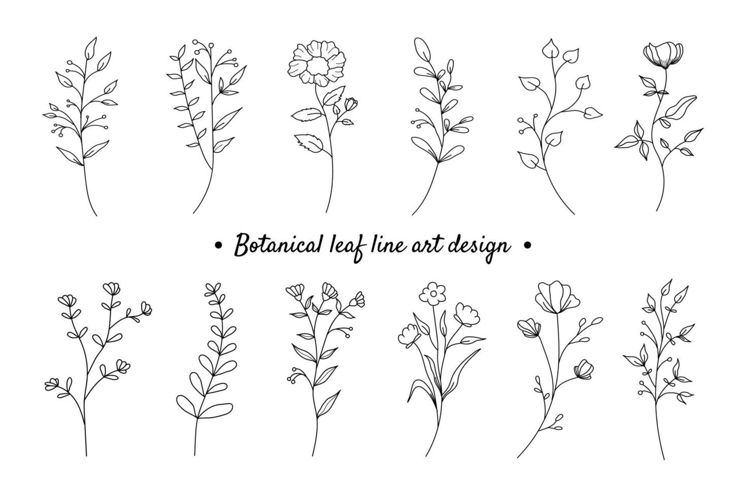 Set of botanical plant with flowers line art element design vector