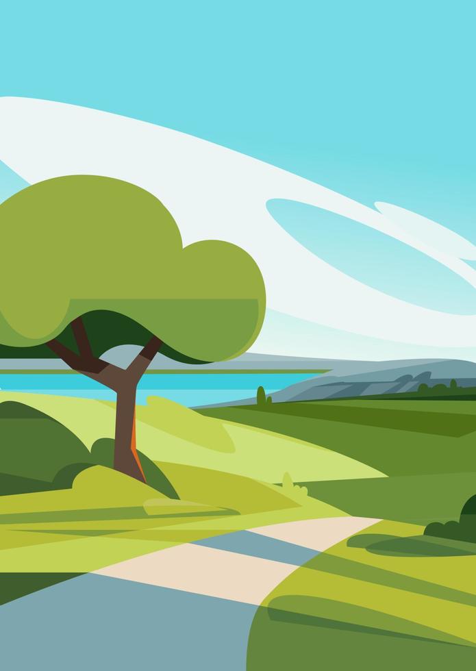 paisaje de verano con camino al lago. paisaje natural en formato retrato. vector