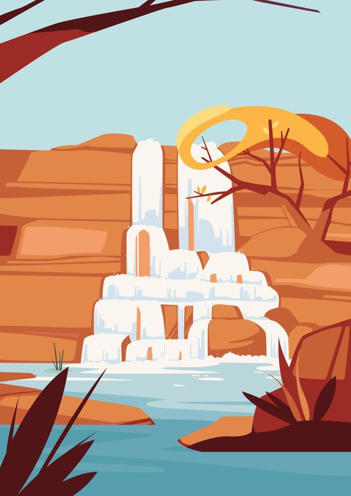 Scenery with waterfall in autumn season. Nature landscape in portrait format. vector