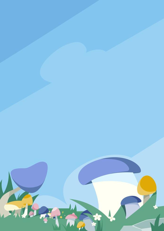 Mushroom meadow with blue sky. Natural scenery in portrait format. vector