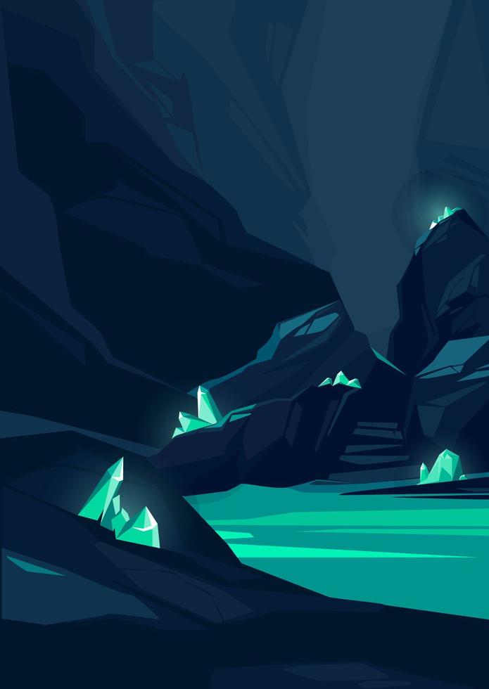 Cave with turquoise crystals. Underground location in portrait format. vector